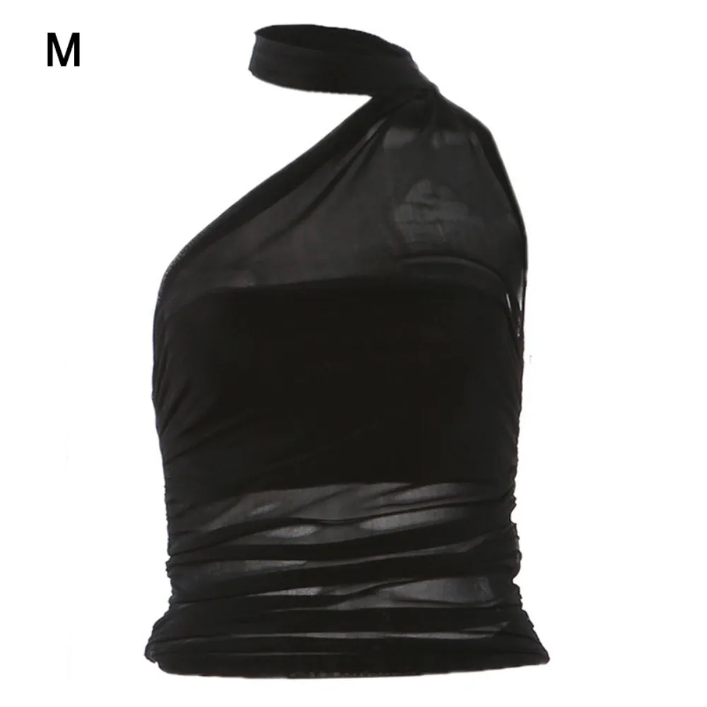 

Sleeveless Design Mesh Tank Top Irregular Shape See Through Halter Top Mesh Fabric Navel Exposed Patchwork Top Party Wear