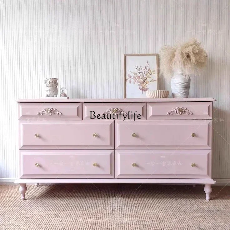 Z.Solid wood carving flower porch TV cabinet modern simple pink storage bedroom locker