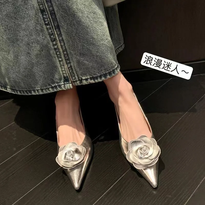 Women Shoes High Heels Loafers Elegant Woman Shoes Low Heels Wedding Bride Pointed Toe Silver Gold Rose Evening Party Shoes