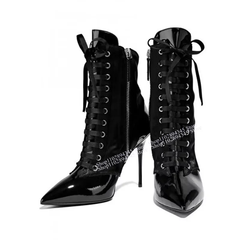 Black Mid Calf Lace Up Leather Boots Thin High Heel Pointed Toe Fashion Sexy Cool Western Winter Woman Shoes Zapatilla Mujer