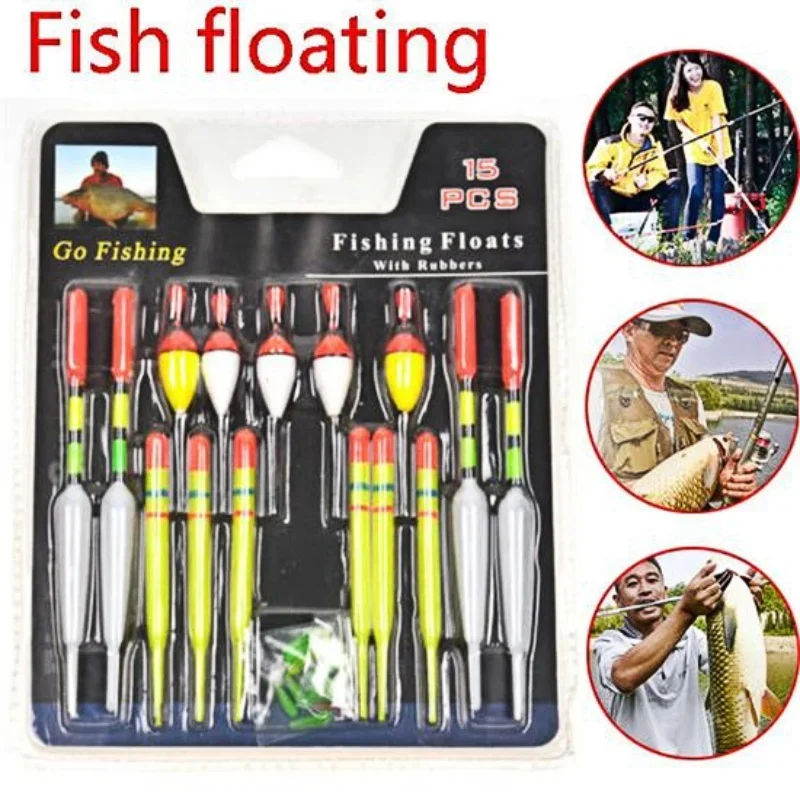 15 Piece Set of Fish Float Set Card Mounted Plastic Fish Float Diverse and Eye-catching Vertical Fishing Gear Float Set