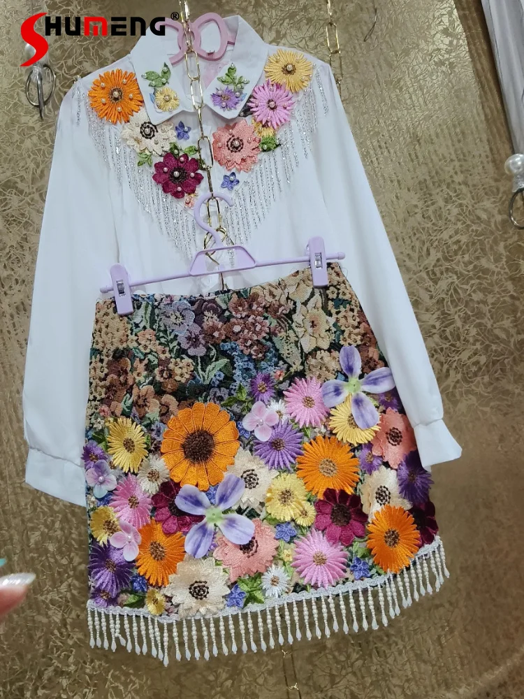 

2026 Women's Early Spring New Handmade Tassel Tops Fairy Light Luxury Shirts Nice Colorful Three-dimensional Flower Petal Blouse