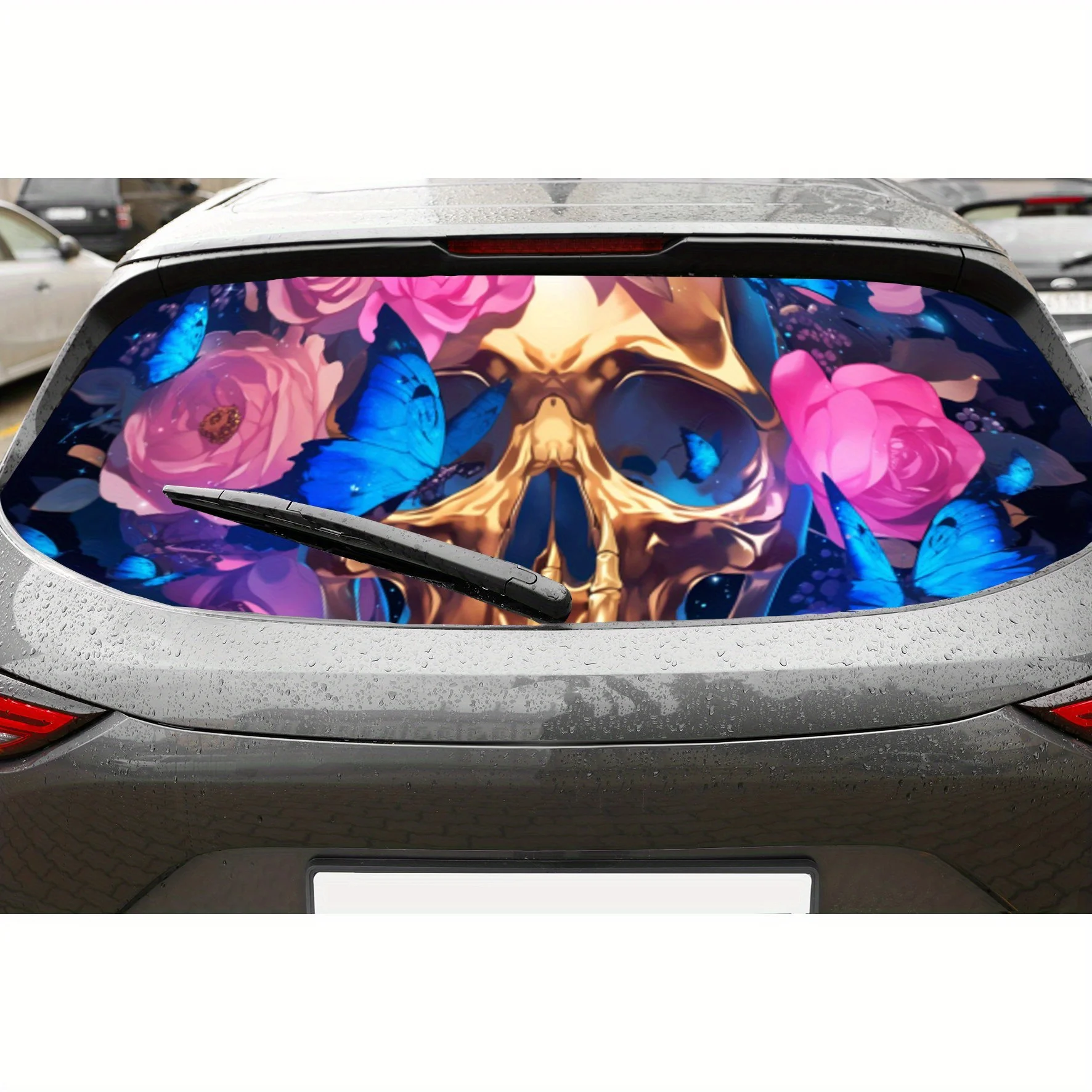 

Colorful Skull and Flowers PVC Perforated Car Vinyl Wraps, Privacy Enhancing Design for Rear Window, Car Rear Windshield Sticker
