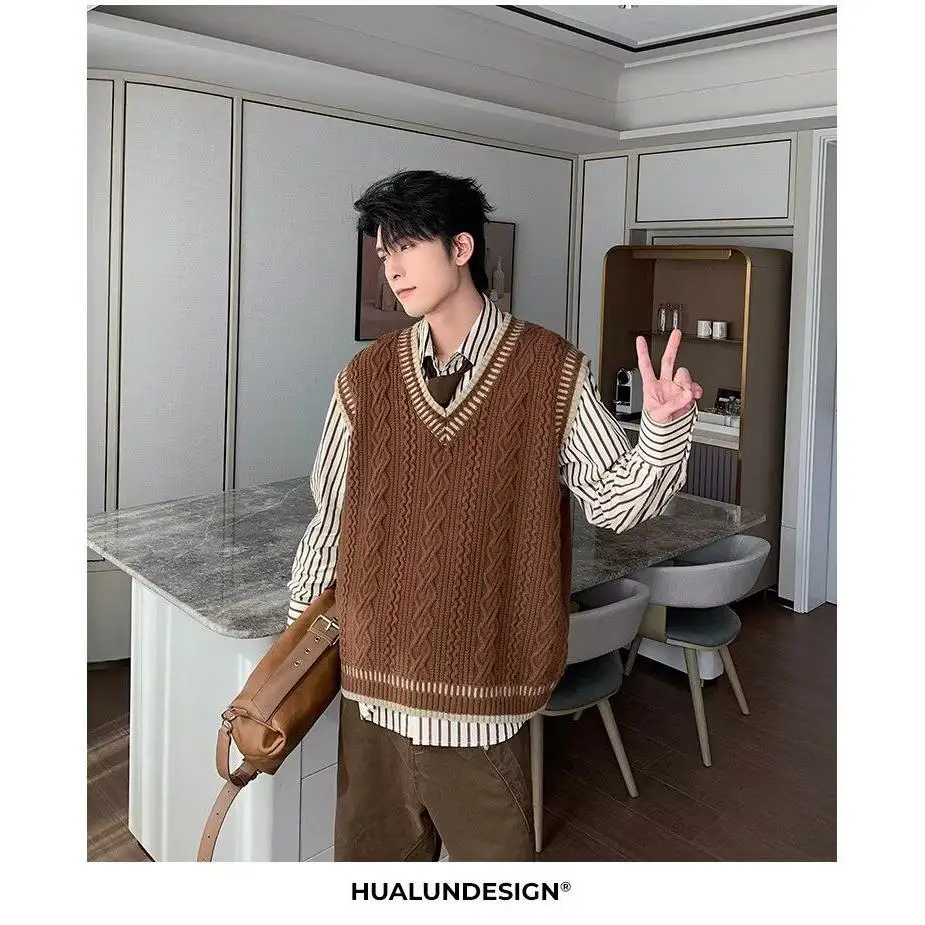 

Свободный вязаный свитер с v-образным вырезом, жилет с поворотным дизайном, повседневный костюм для мужчин и женщин, осень-весна, модный студенческий тренд, свободная посадка