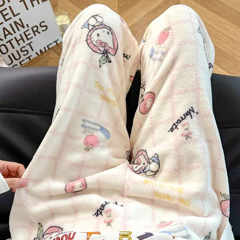 

Sanrio Hello Kitty Women's Y2K Sleeping Pant Kawaii Cartoon Winter Straight Cut Pajama Pants Flannel Warm Sleepwear Trousers New