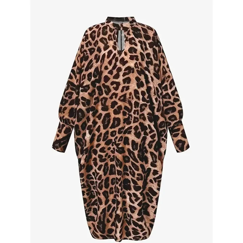 Plus Size 1XL-5XL Women\'s Fashion Boho Dress Ladies Casual Leopard Print Batwing Sleeve Keyhole Round Neck Baggy Dress