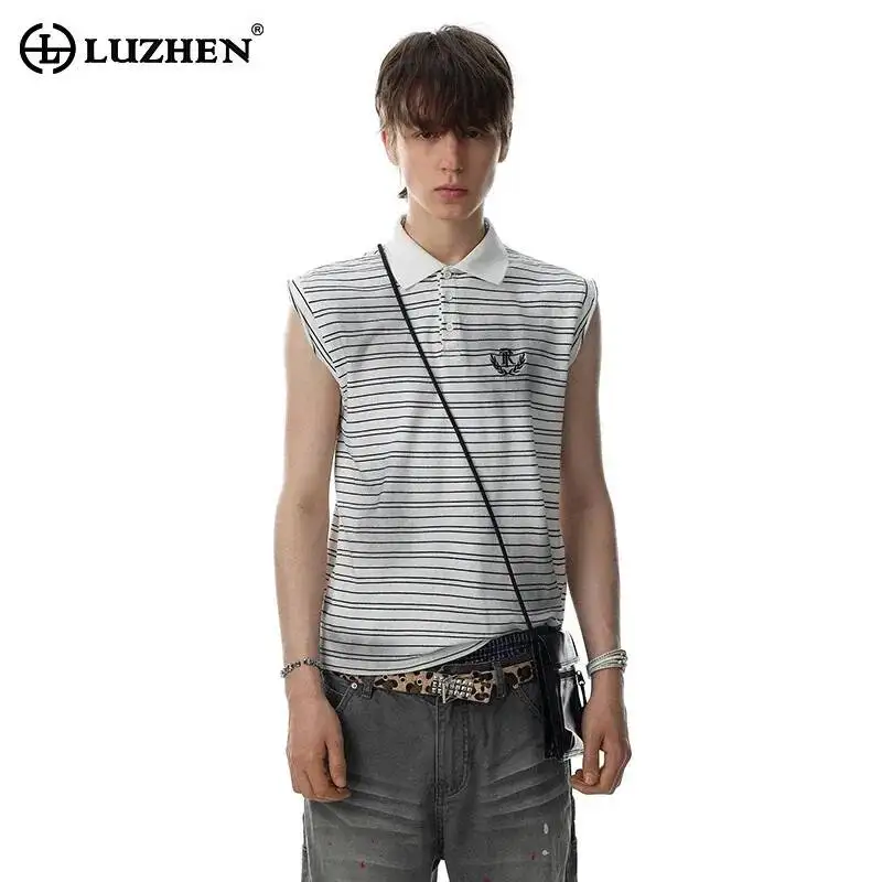 LUZHEN 2026 Summer Stripe Printed Tie-dyed Vintage Style Lapel Sleeveless T-shirt Men's Fashion Original Casual Tank Tops JY7685