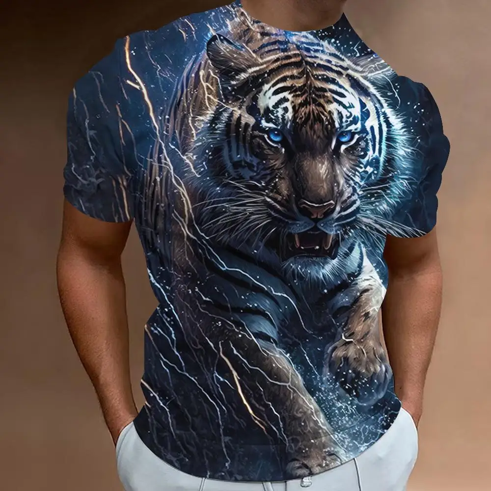 Fierce Tiger Print Men\'s T-Shirt 3d Print Short Sleeve T-Shirt For Men Summer Loose Man Clothing Retro Loose Oversized Tees Tops