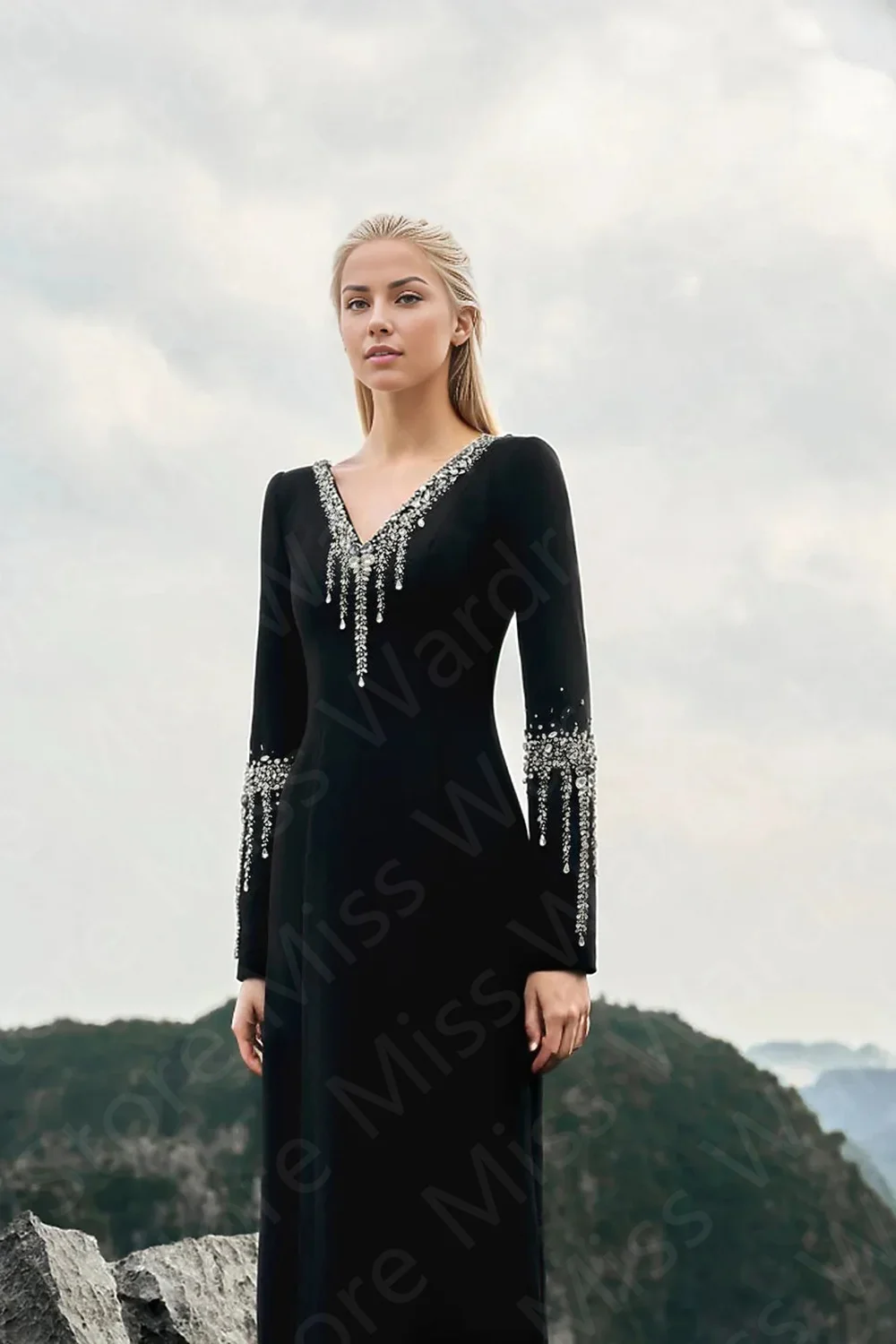 Vintage Black Evening Dresses 2024 Long Sleeves Prom Party Gowns V Neckline Beading Wedding Guest Dresses Arabic Back Slit