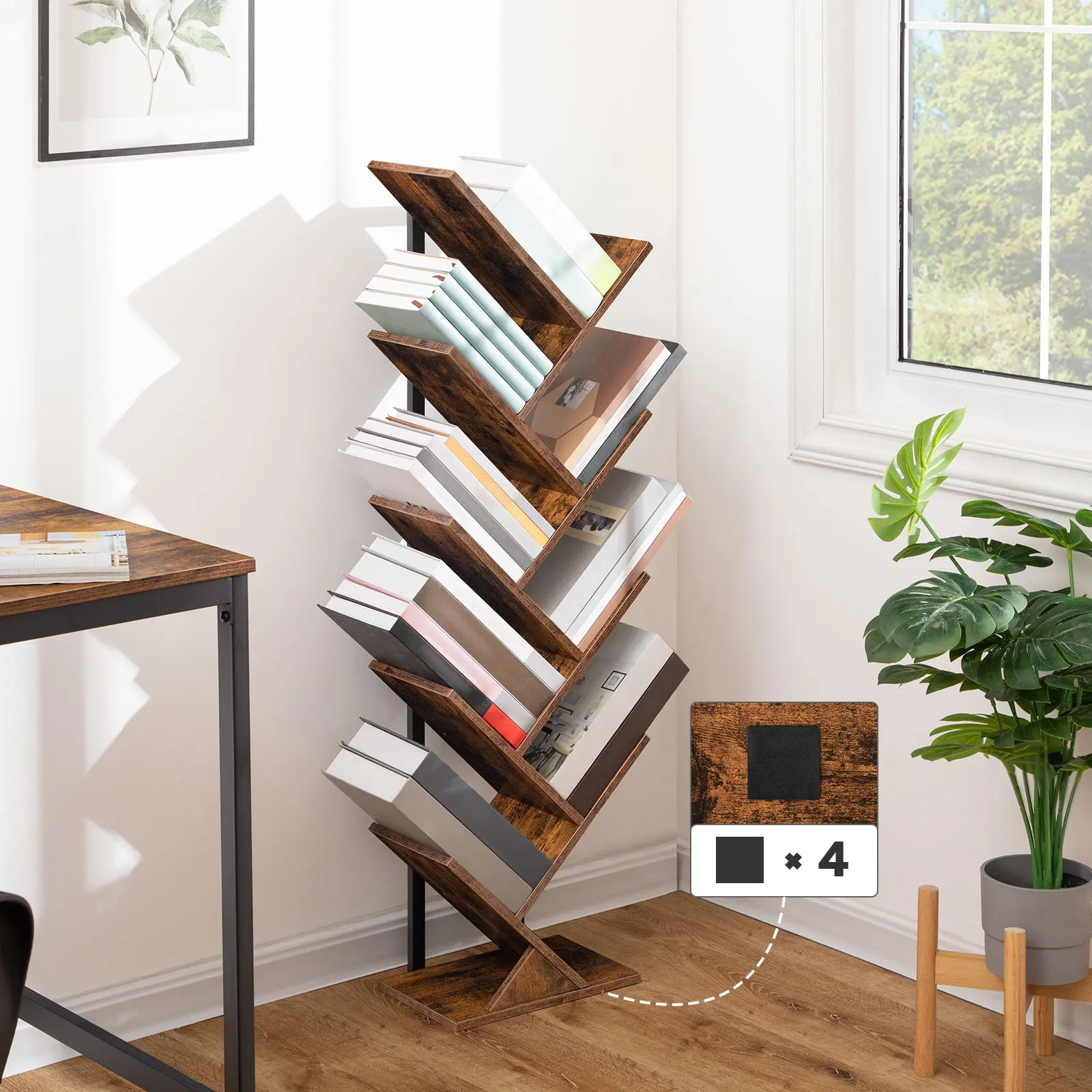 HOOBRO Tree Bookshelf Tall 9-Tierowa stojąca półka na książki Wysoki regał z drewnianymi półkami na płyty CD Albumy do domowego biura