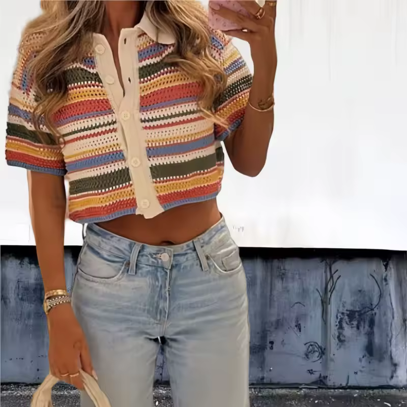 Women Patchwork Striped Hollow Out Crochet Knitted Crop Sweater Shorts Set Short Sleeve Polo Collar Sweater Knit Shorts Suit Y2K - Image 4