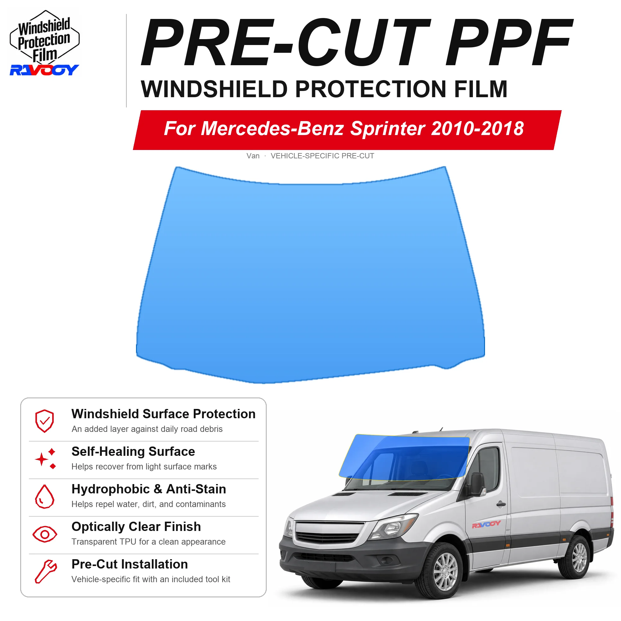 RAVOOY Pre-Cut Front Windshield Protection Film For Mercedes-Benz Sprinter Van 2010-2018 6.5mil Clear TPU UV Blocking Tool Kit