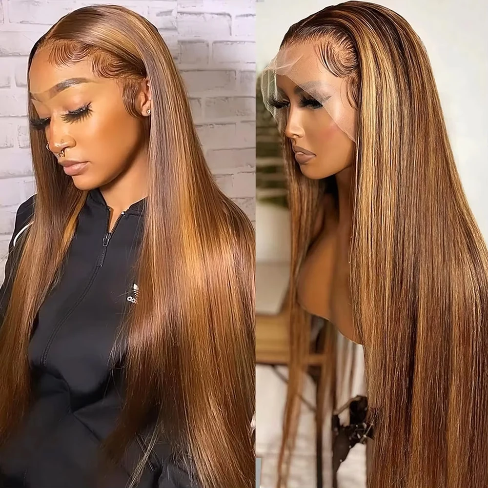 

Hd 13x6 Highlight Straight Lace Front Human Hair Wig PrePlucked Brazilian Blonde 4/27 Colored 36 inches Frontal Wig 200 density