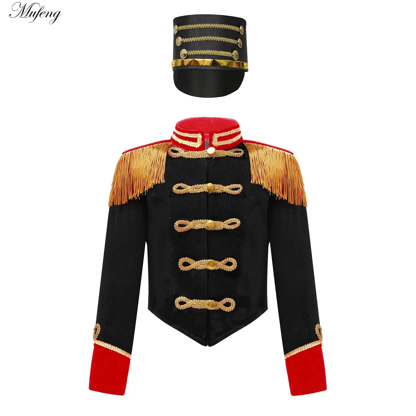 Teen Girls Circus Ringmaster Costume Circus Jacket Fringe Epaulet Drum Majorette Cosplay Tops with Drummer Hat Soldier Dress Up