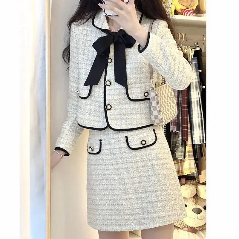 

Autumn Winter Vintage Elegant 2 Piece Set Woman Bow Design High Street Harajuku Sets Female Button Japan Fashion Casual Clothing