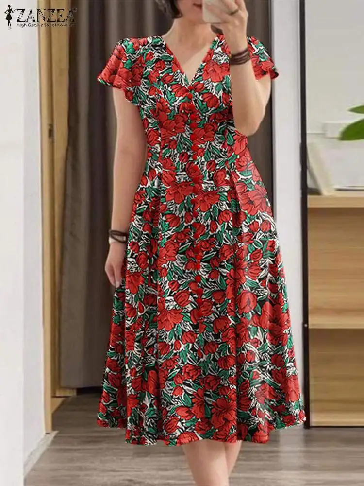 Elegant Women V Neck Short Sleeve Sundress Summer Dress 2024 ZANZEA Bohemain Floral Print Dresses Stylish Holiday Party Vestidos