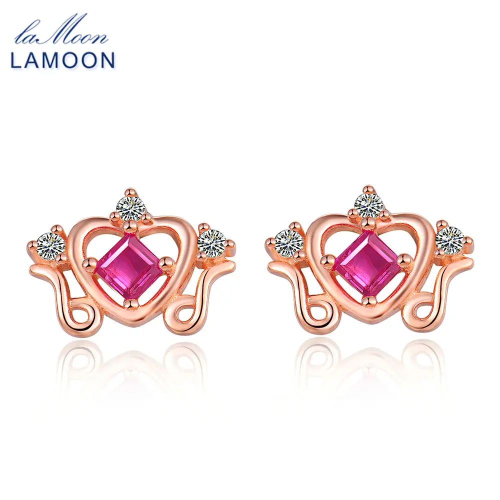 

LAMOON Princess Cut 0.2ct 100% Real Ruby 925 sterling-silver-jewelry Crow Stud Earring S925 LMEI043