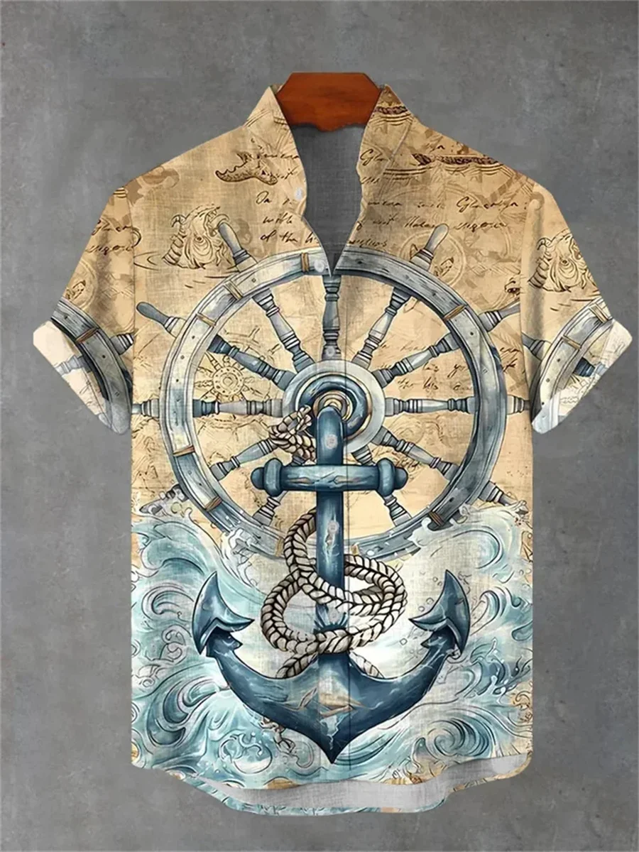 2025 New Casual Men's Shirt Cat Pattern Summer Oversized Short Sleeve Top Harajuku Street Linen Stand Collar Shirt