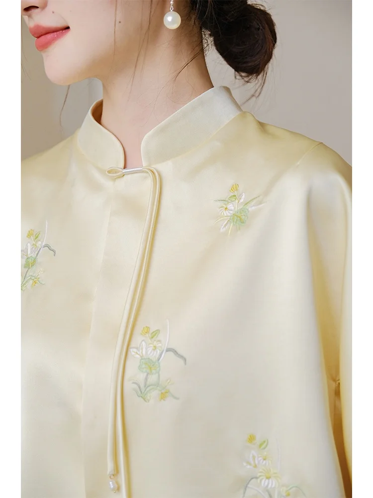 

New Chinese Sle Yellow Embroidered Jaet Stand Collar Improved Version Women's Faion Autumn Winter Outerwear