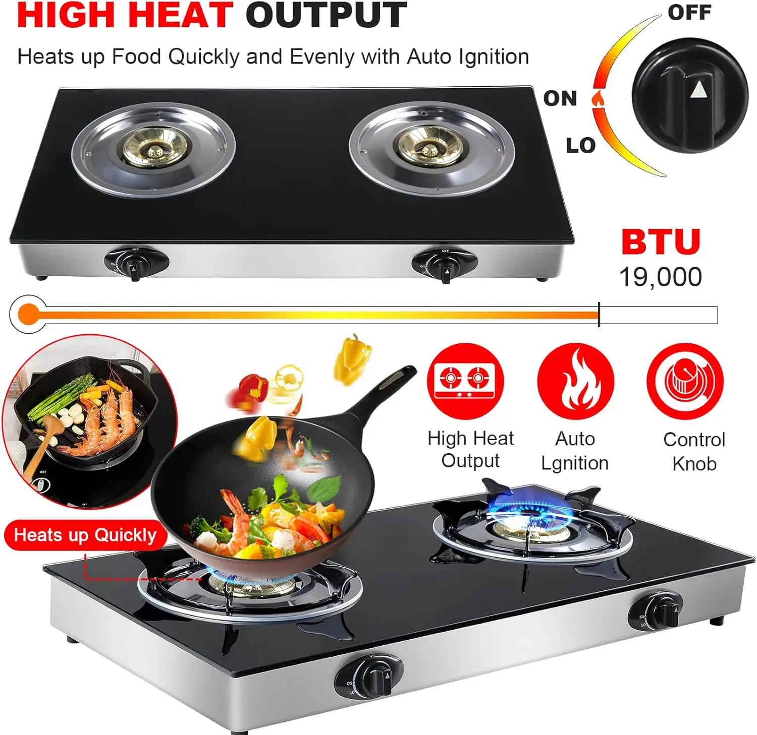 Propane Gas Cooktop 2 Burners Portable Stove with Auto Ignition for RV, Camping, Apartments