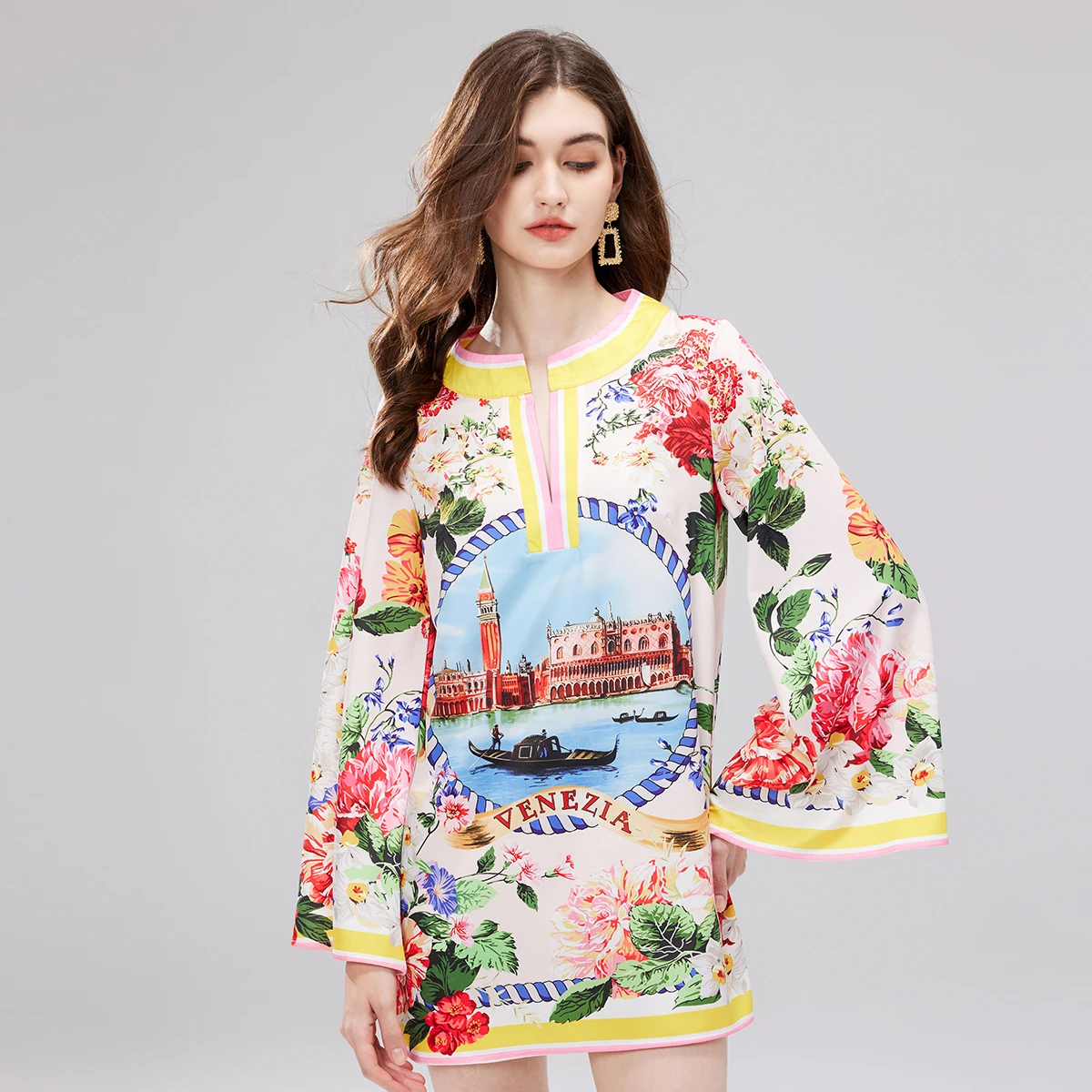 

Summer Holiday Runway Dress Women's Flare Long Sleeve House Floral Print High Waist A Line Zipper Beach Vacation Mini Vestidos