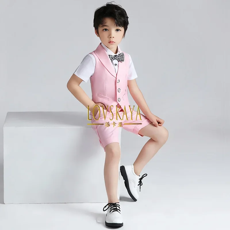 Kids Shorts Bowtie Shirt Gentleman Formal Suits Wear Set Boys 3Pcs/4Pcs Set Plain Vest Set  Wedding Birthday Wear