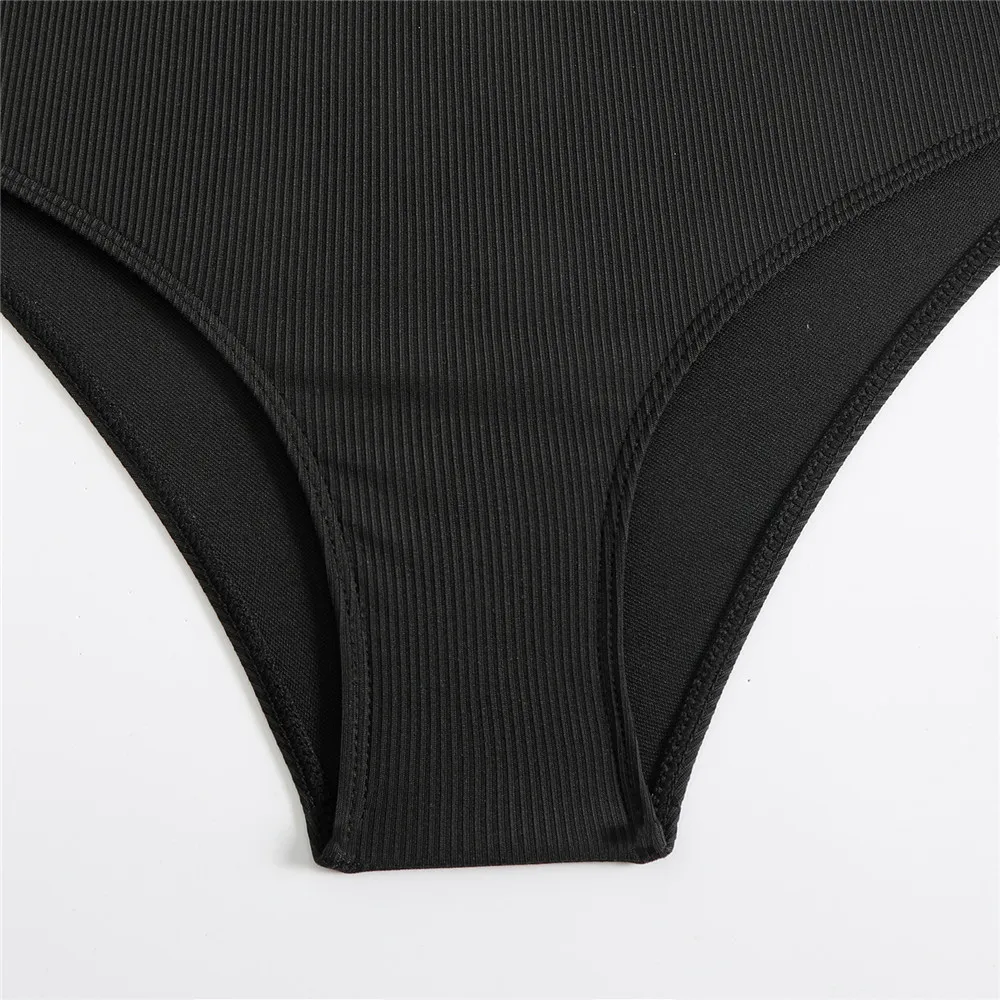 Trajes de baño sólidos de un hombro, Bikini negro acanalado de cintura alta, traje de baño Sexy con anillo de Metal para Mujer, traje de baño 2021, conjuntos de Bikinis para Mujer