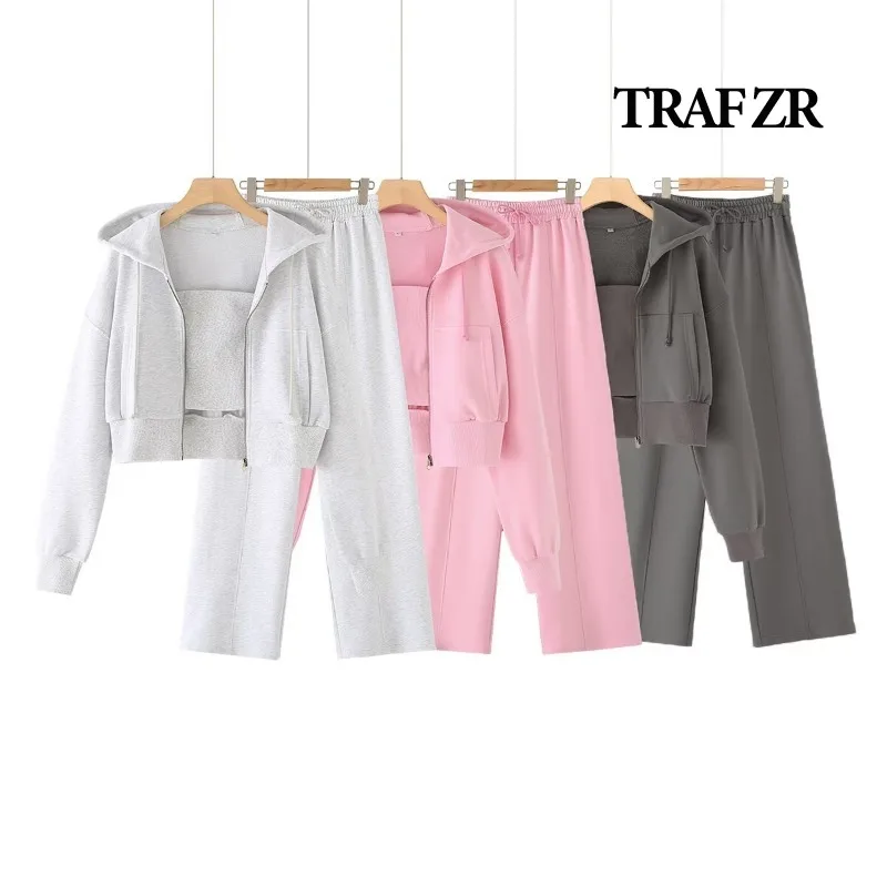 TRAF ZR Cropped Hoodie Sets for Women 3 Pieces Fashion Woman Tracksuit 2024 Jogging Pants Sets Y2k Sportswear New in Zip Outfit