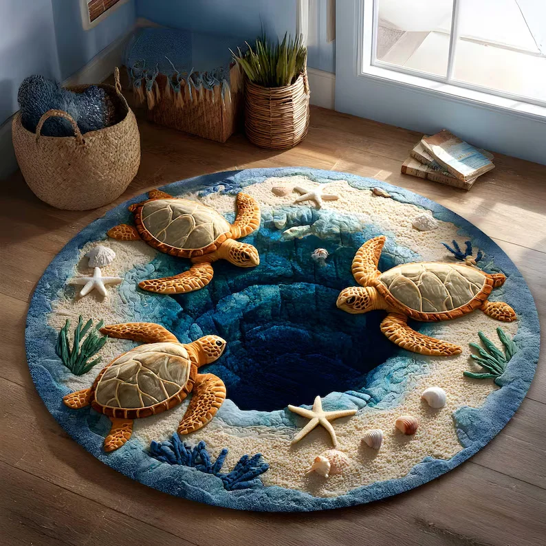 3D Effect Print Turtle Rug Ocean Animal Round Rug Marine Life Home Decor Ocean Gift Turquoise Sea Turtle Rug Turtle Lovers Gift