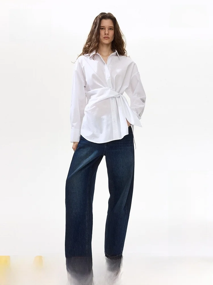 

Женская хлопковая рубашка H&M, лето 2026: модный дизайн с узлом, приталенный крой, длинный рукав, повседневный стиль, на пуговицах, элегантная рубашка