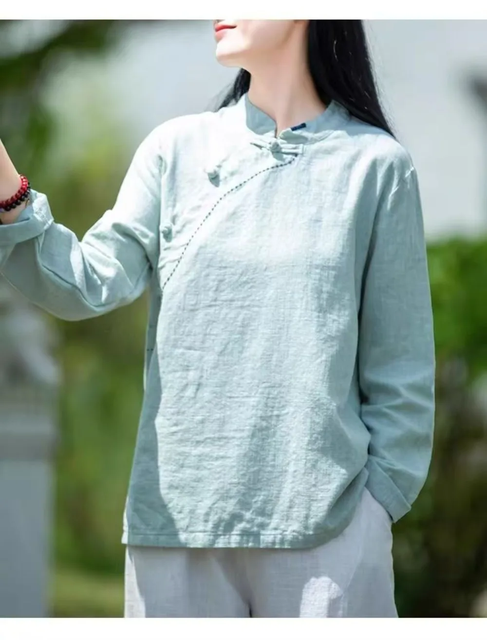 جديد الخريف تي شيرت مع التصميم الصيني للمرأة تنفس السيدات القطن قميص كتان بلوزة الصينية التقليدية Hanfu بلوزة