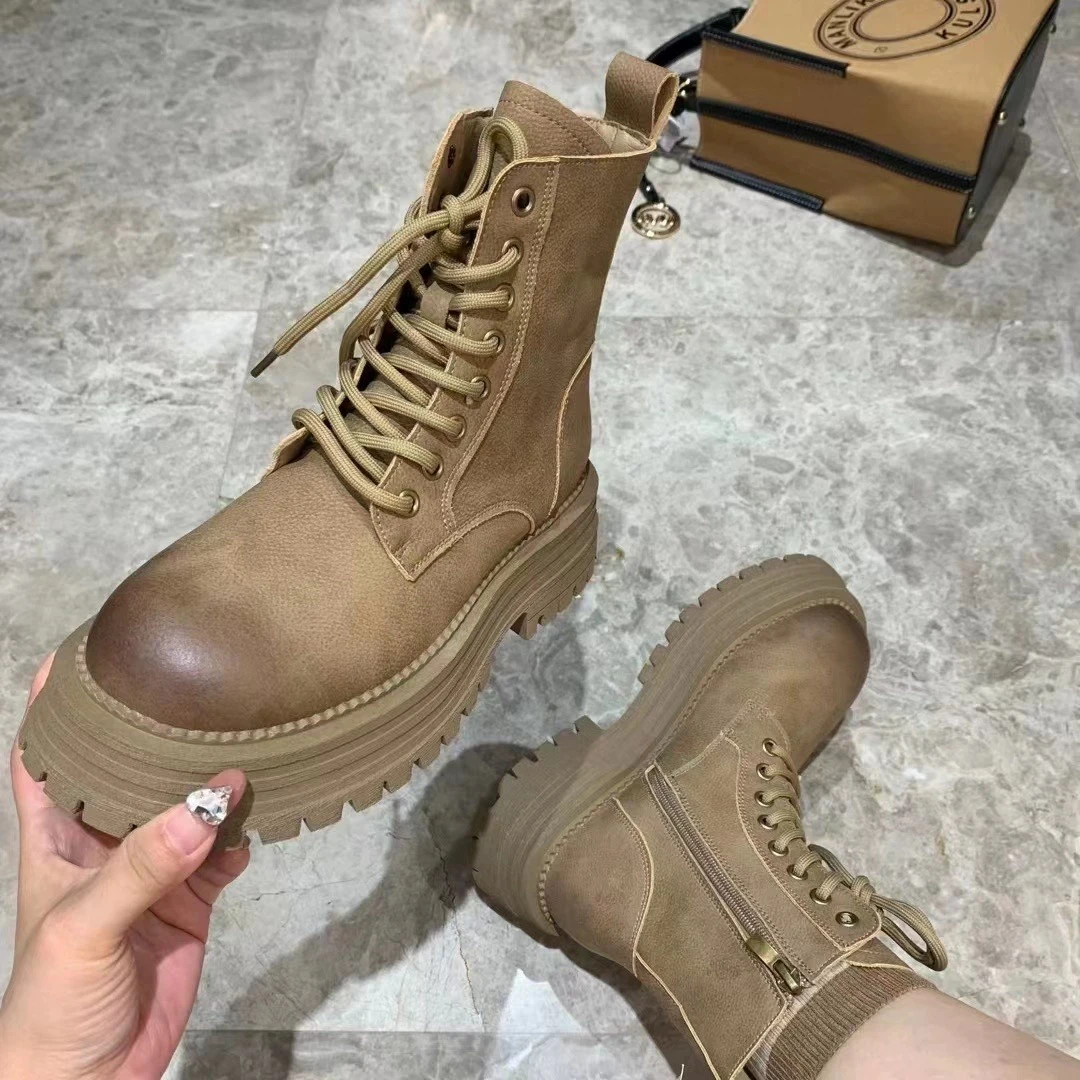 New Fashion Winter Women's  Retro System British Frenulum Motorcycle Boots Thick Platform  Shoes For Women Ankle Round Toe Boot