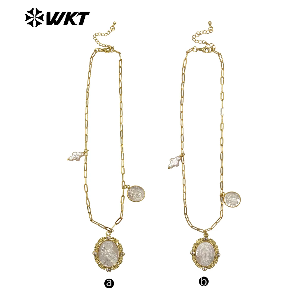 WT-JN322 Wholesale 18K Gold Electroplated Pear Shell Pendant Necklace Hand Carved Virgin Mary Pattern Vintage Women Jewelry