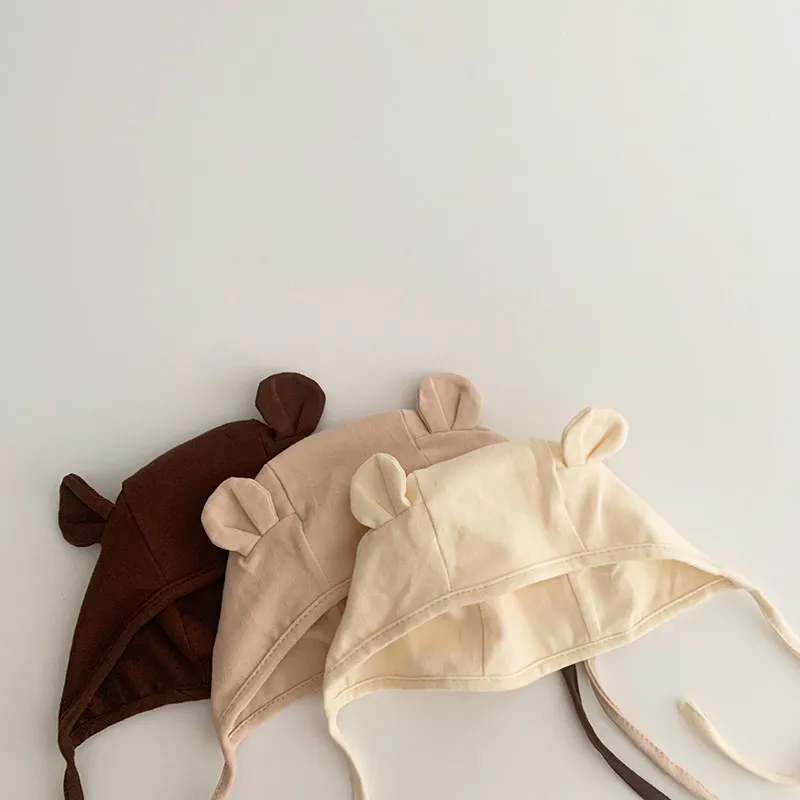 Cute Newborn Baby Girl Bear Ear Strappy Ear Protection Hat Infant Boy New Personality Solid All-match Thin Cotton Cap