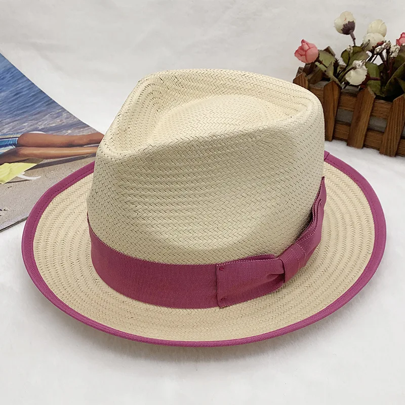 men hat straw fedora Women\'s Handmade Woven Sunshade Jazz Straw Hat with Summer Hat Binding and Color Matching Design