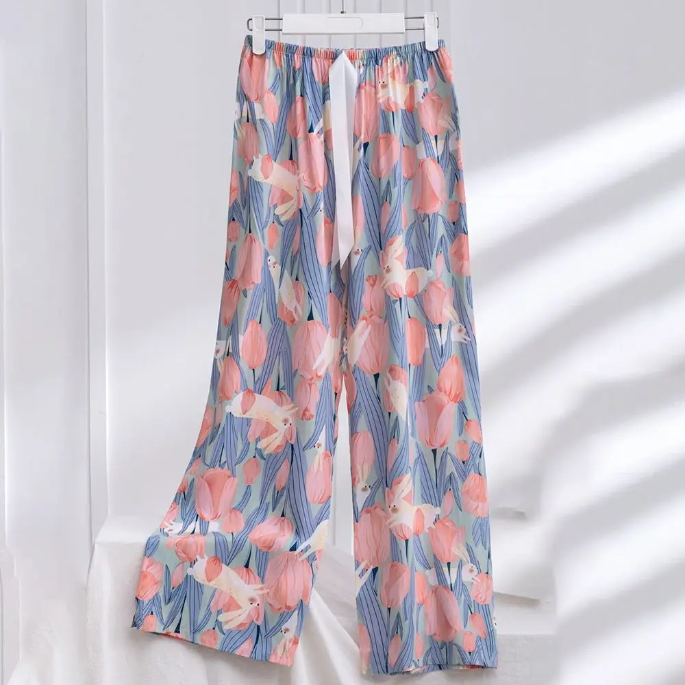 Sleepwear Cotton Silk Large Size Loose Pants Thin Print Floral Printed Cropped Pants Comfortable Wide Women Wide Leg Pants Sleep