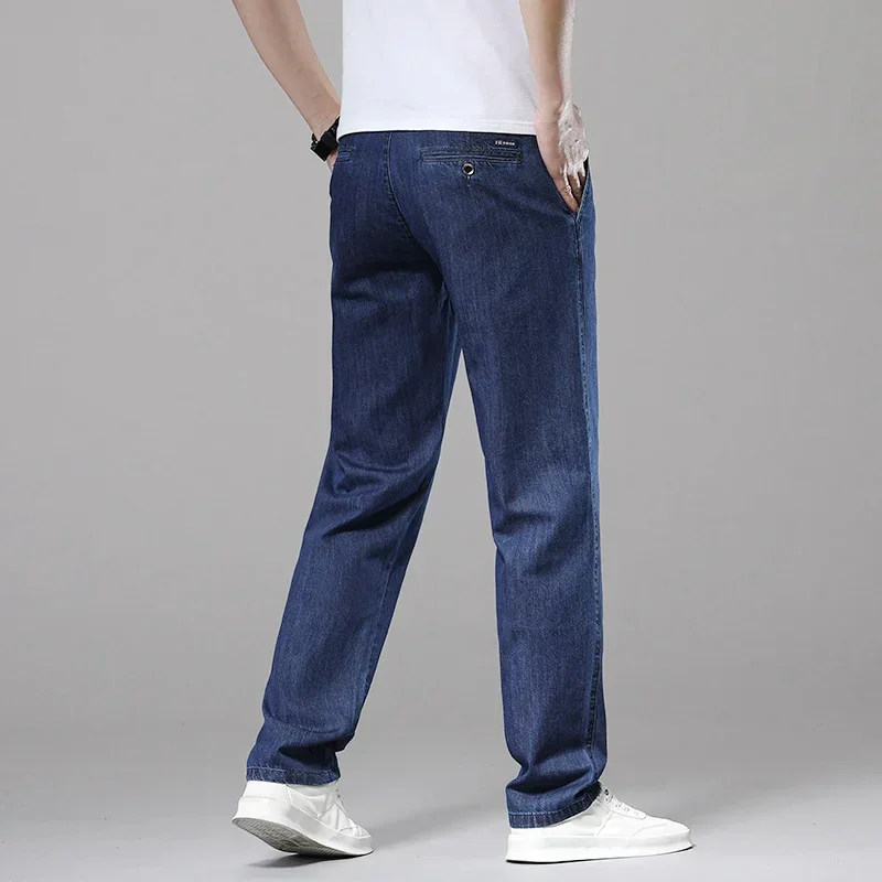 

2024 Summer Classic 100%Cotton Men's Jeans Thin Loose Straight Denim Pants Blue Business Dad Trousers Male Large Size 35 40 42