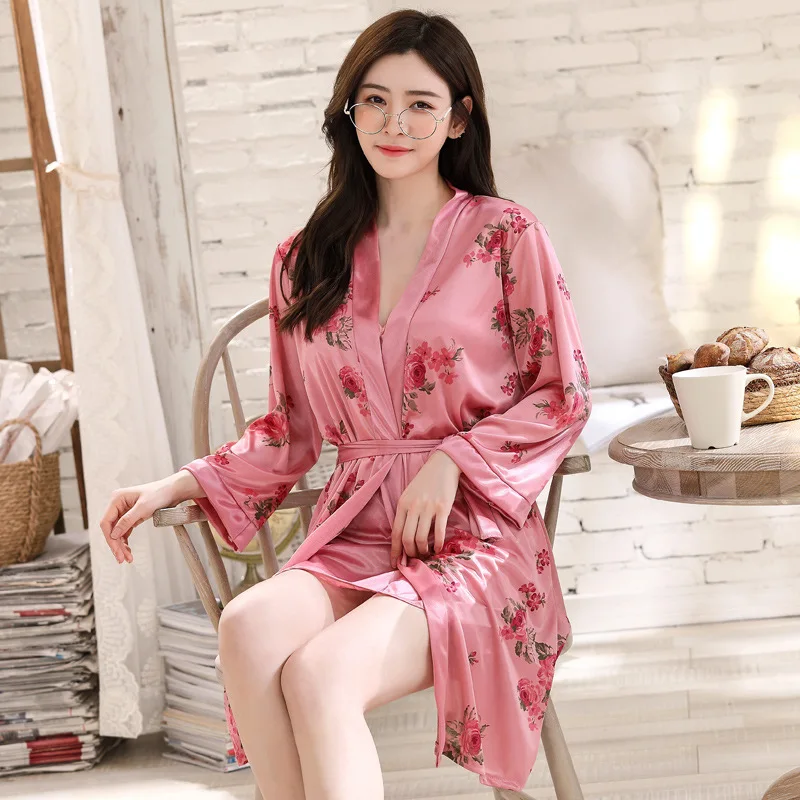 Women's Sexy Sleepwear Ice Silk Nightgown Robe Suit Printed Flowers Home Clothes Kimono Loose Casual Bathrobe Intimate Lingerie