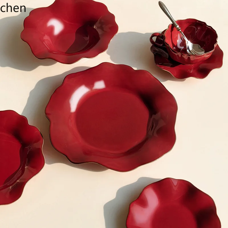 Hxl ceramic wave plate red dinnerware housewarming wedding home dinner plate