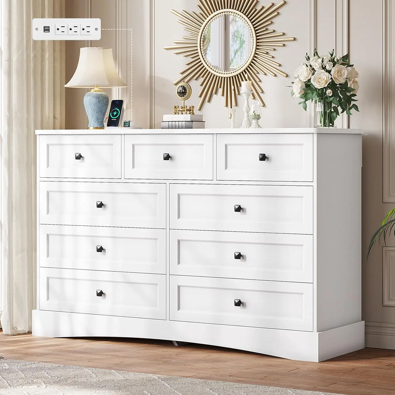 

Dresser For Bedroom With 9 Drawers, 51.2" Large Drawer Dressers With Charging Station, Wide Farmhouse Dressers Ches