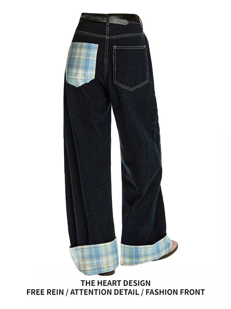 

American Retro Plaid Cuffed Denim Pants Women's Loose Wide Leg Floor-Length Trousers Autumn Winter Design Sense High Waist