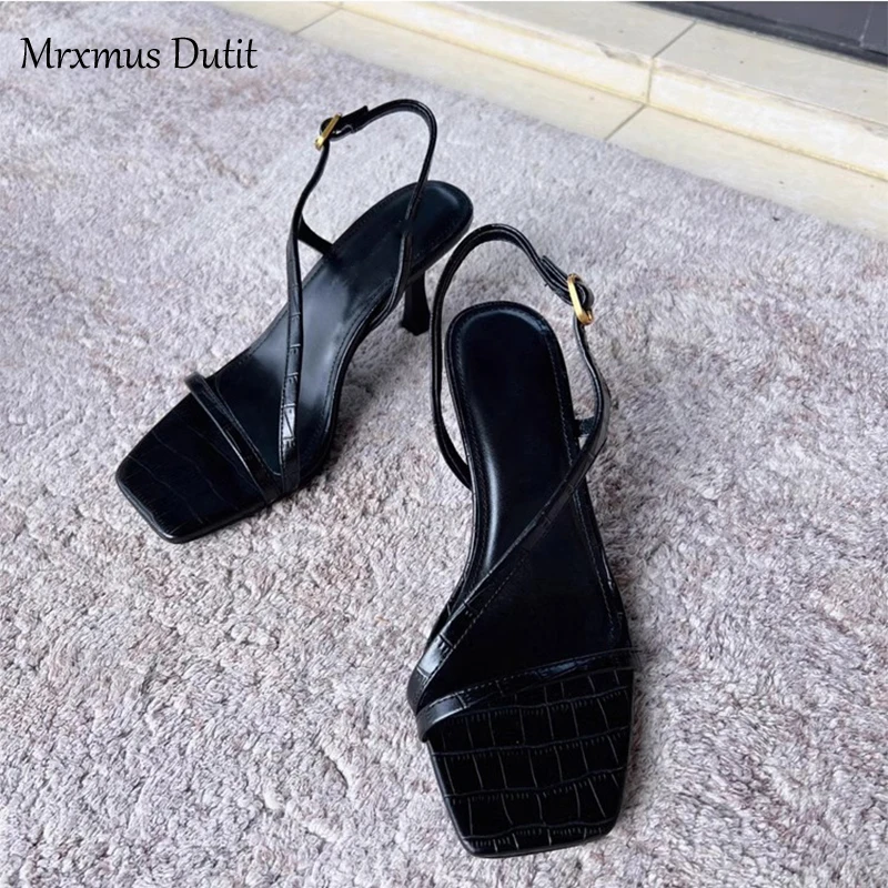 Mrxmus Dutit 2023 New Summer Fashion Genuine Leather One Word Belt Stiletto High Heel Shoes Women Solid Simple Casual Sandal