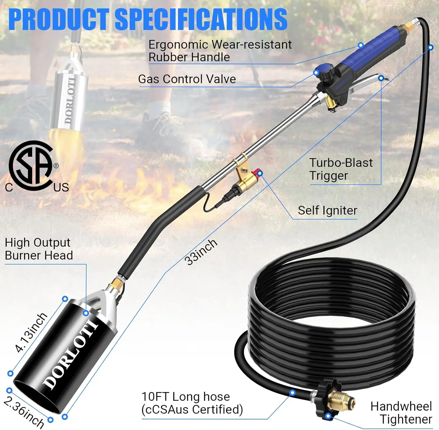 High-Output Propane Weed Torch Kit with Self-Igniter, 10FT Hose & Storage Bag for Weeding, Roofing, Ice Melting