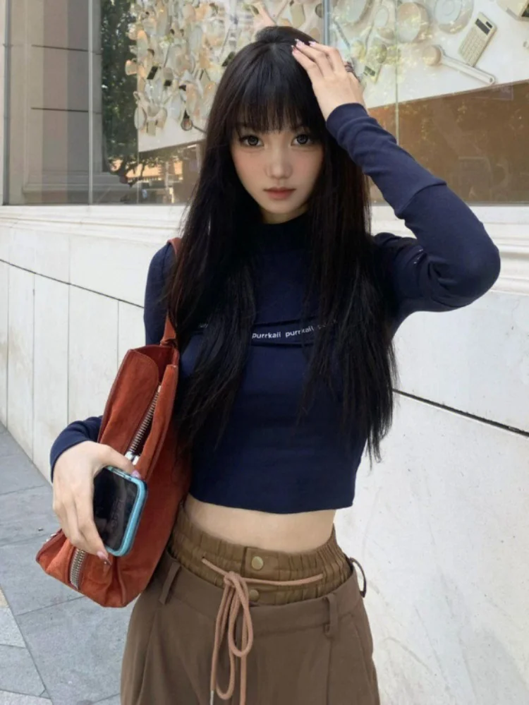 Sweet Cool 2024 Autumn Vintage Harajuku Long Sleeve T Shirt Letter Patchwork Women Fashion Y2k Aesthetic Slim Bodycon Crop Tops