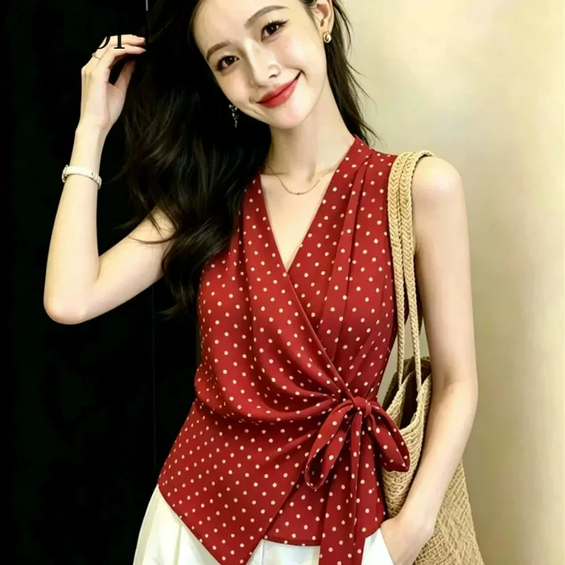 Red Cross-strap V-neck Polka Dot Women's Vests 2026 Summer New Fashion Temperament Irregular Sleeveless Vest Shirts Top Ladies
