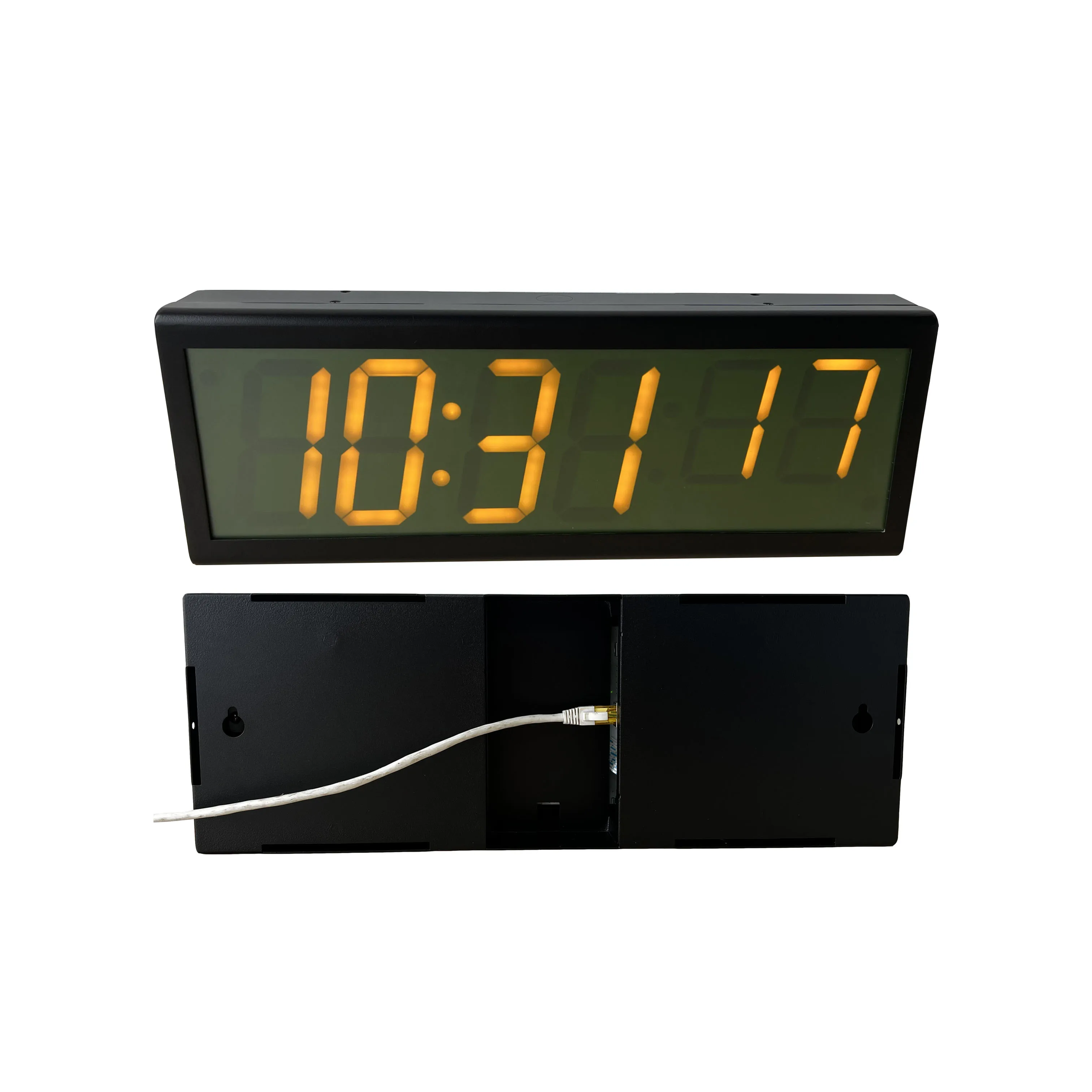 

4" Yellow LED 6-digit IP POE Network Clock, Black Metal Case, HH:MM:ss