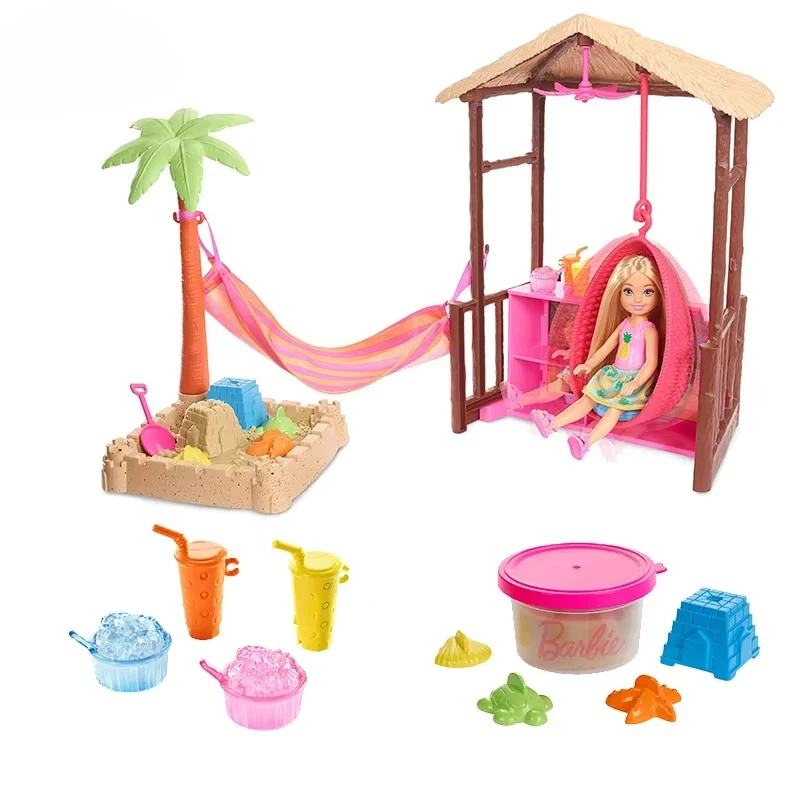 Original Barbie Chelsea Doll Beach Hut Travel Themed Playset Sand Toy Doll Accessories Girls Doll House Toys for Children Boneca