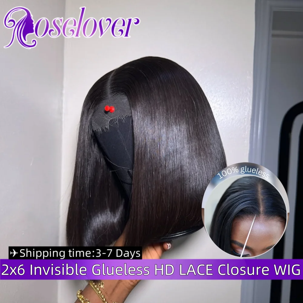 

ROSELOVER 2x6 10Inch Invisible Real HD Lace Closure Wig Glueless Wear to Go Straight Virgin Hair 250% Density for Black Woman