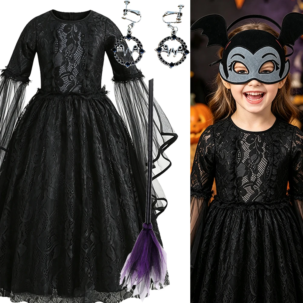 Kids Lace Trimmed Black Witch Costume Girls Dress for Halloween Carnival Cosplay Party Outfit