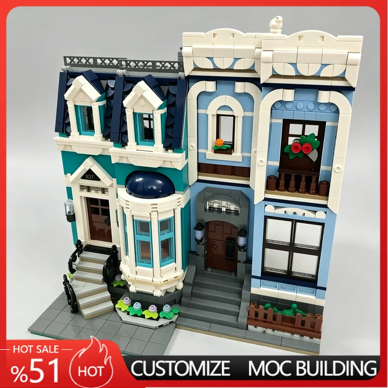 

564 PCS Blue Row Villa Facade Model Building Blocks City Street House DIY Assembly Educational Toy Gifts For funs Boys Birthday